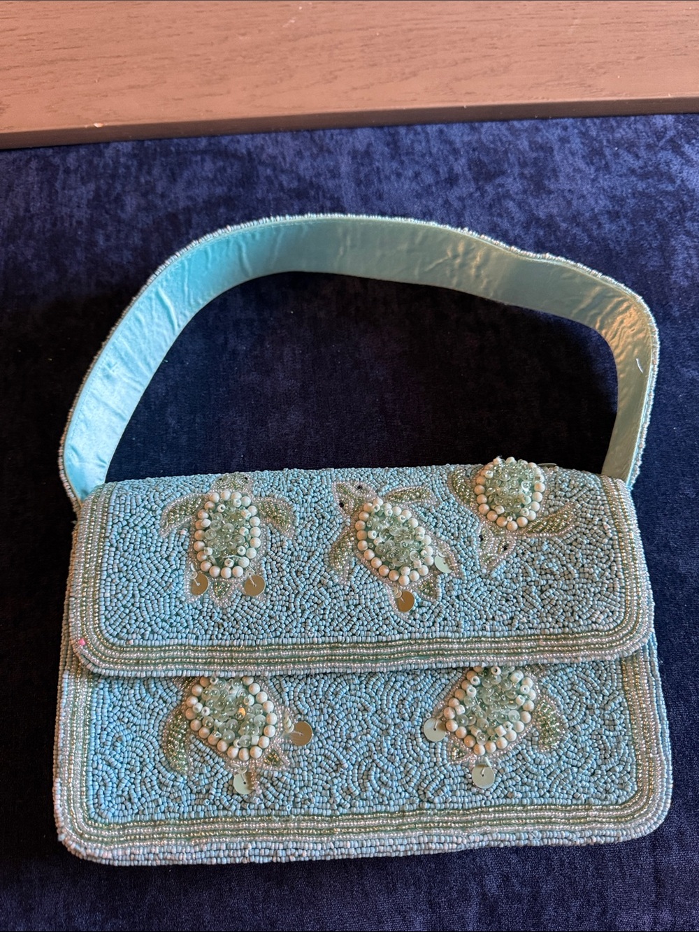Beaded Turtle Accent Shoulder Bag in Aqua